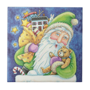 Azulejo De Cerámica Navidades, Santa Claus en chimenea con juguetes