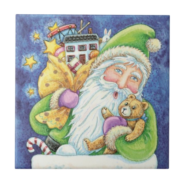 Azulejo De Cerámica Navidades, Santa Claus en chimenea con juguetes (Frente)
