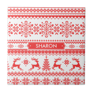 Azulejo De Cerámica Navidades suéter rojo liso monograma de patrón