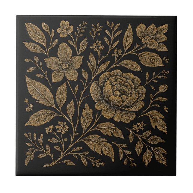 Azulejo de Cerámica Negro de Lujo Botánico Noir Or (Frente)