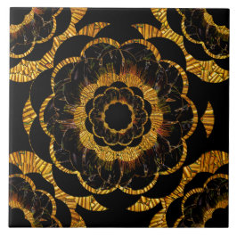 Azulejo De Cerámica Negro de oro y oro de la flor de la mandala del