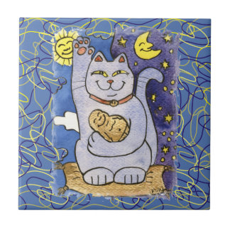 Azulejo De Cerámica Neko azul con Buda sobre almohada dorada