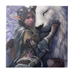 Azulejo De Cerámica Nieve+Duende+Chica+con+León