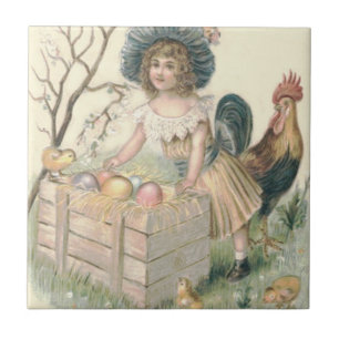 Azulejo De Cerámica Niña Pollito de Pascua Gallo Huevo de Colores