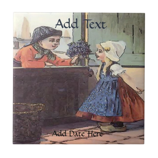 Azulejo De Cerámica Niñas holandesas Flores Tile, aspecto holandés, pe (Frente)