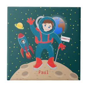 Azulejo De Cerámica Niño astronauta en la fiesta de cumpleaños de la l