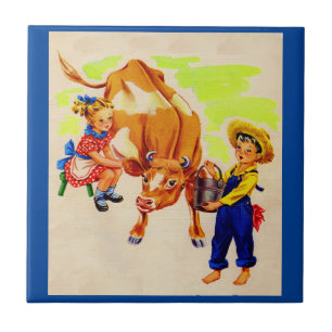 Azulejo De Cerámica niños adorables con la vaca adorable