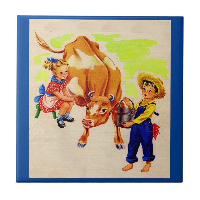 Azulejo De Cerámica niños adorables con la vaca adorable (Frente)