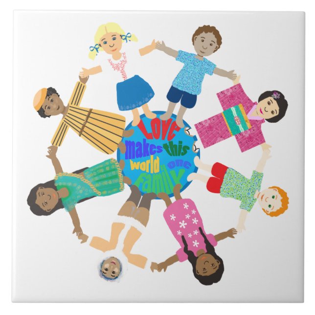 Azulejo De Cerámica Niños del mundo tomados de la mano (Frente)