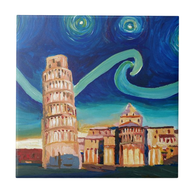 Azulejo De Cerámica Noche estrellada en Pisa con la torre inclinada (Frente)