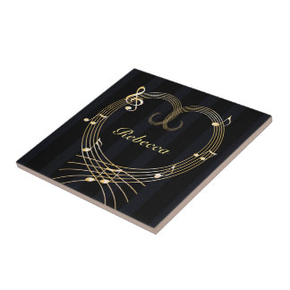 Azulejo De Cerámica Notas musicales personalizadas del corazón dorado