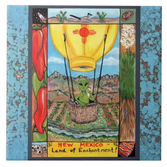 Azulejo De Cerámica Nuevo México Souvenir Alienígenas Balón Zia Tile T (Frente)