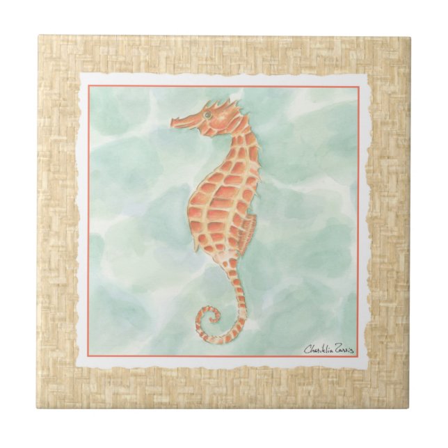 Azulejo De Cerámica Ocean Naranja Seahorse (Frente)