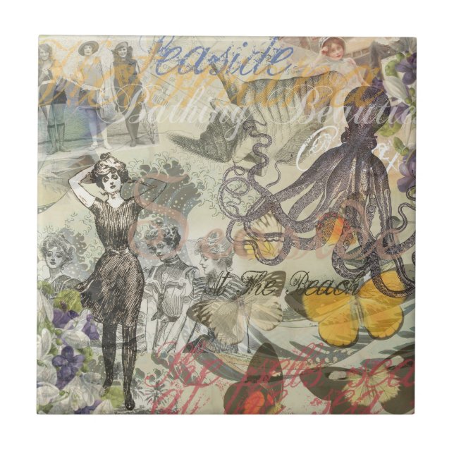 Azulejo De Cerámica Octopus Beach Antique Coastal Steampunk (Frente)