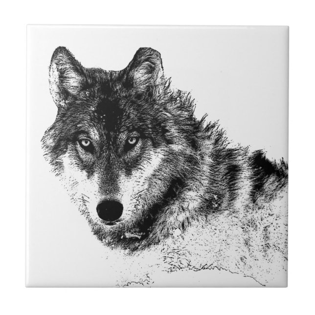 Azulejo De Cerámica Ojos de lobo Inspirador blanco negro (Frente)