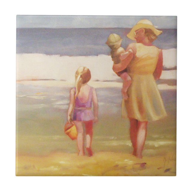 Azulejo De Cerámica Olas de playa con niños y madres (Frente)