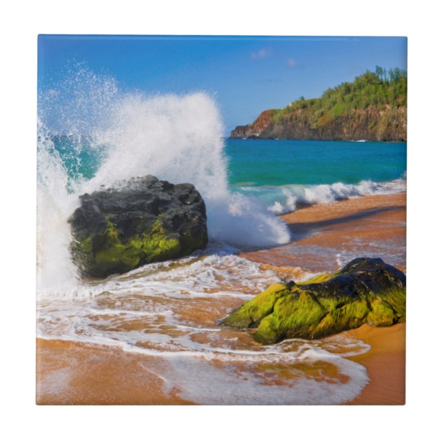 Azulejo De Cerámica Olas rompen en la playa, Hawái (Frente)