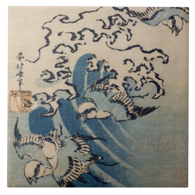 Azulejo De Cerámica Ondas y pájaros, c.1825 (impresión del woodblock (Frente)