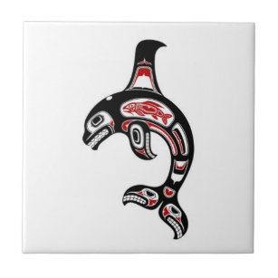 Azulejo De Cerámica Orca roja y negra del alcohol del Haida