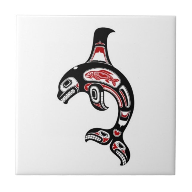 Azulejo De Cerámica Orca roja y negra del alcohol del Haida (Frente)