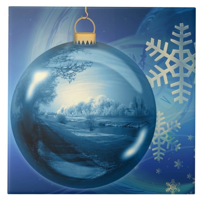 Azulejo De Cerámica Ornamento del copo de nieve del navidad azul y (Frente)