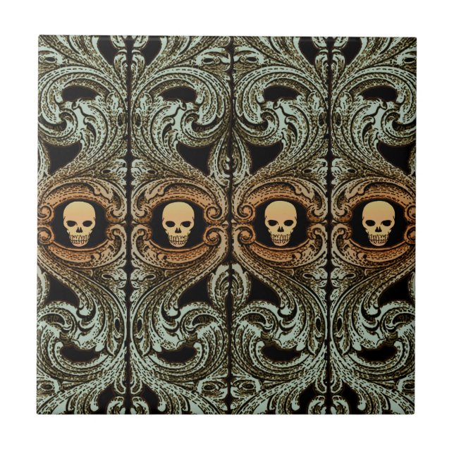 Azulejo De Cerámica Ornamento verde sabio del gótico con cráneo (Frente)