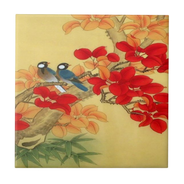 Azulejo De Cerámica Oro chino y floral rojo (Frente)