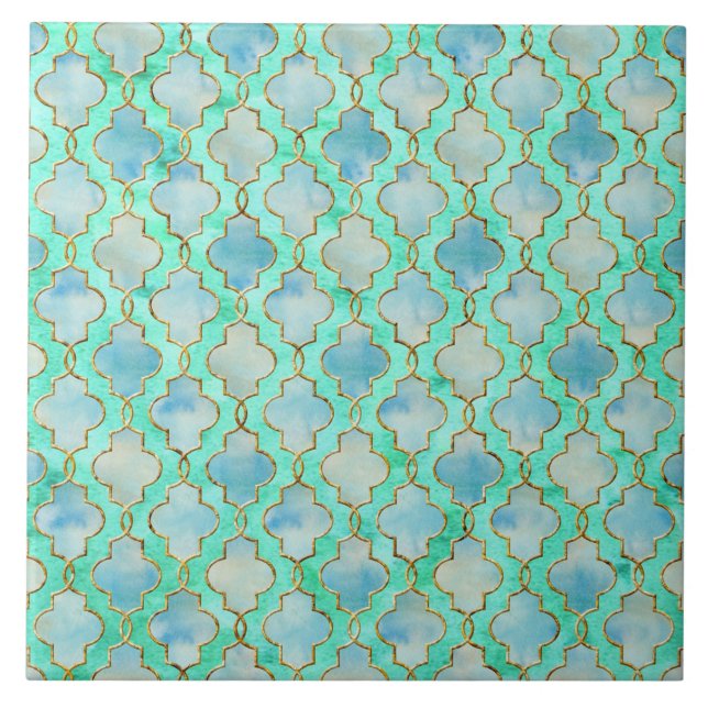 Azulejo De Cerámica Oro de Aqua y patrón maroccano Verde (Frente)
