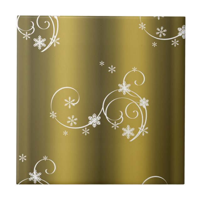 Azulejo De Cerámica Oro metálico, Navidades de Swirls Blancos (Frente)