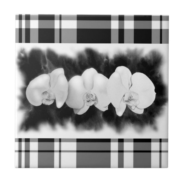 Azulejo De Cerámica Orquídea blanca negra pintando flores tropicales (Frente)