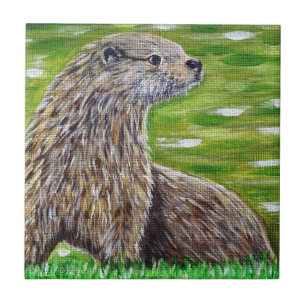 Azulejo De Cerámica Otter en una pintura de la ribera del río