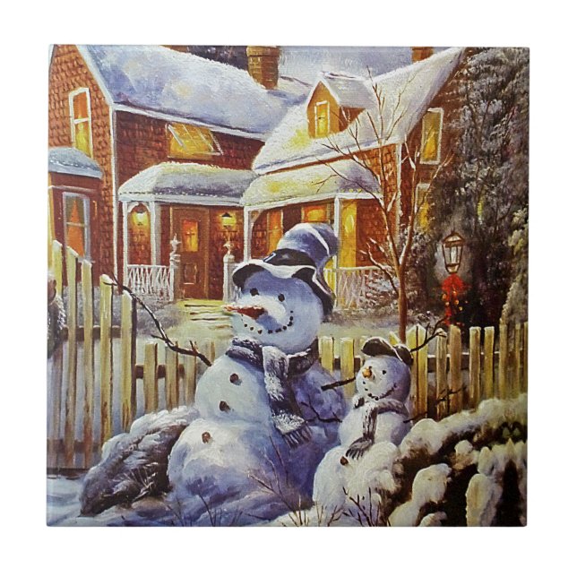 Azulejo De Cerámica Padre e hijo Snowman (Frente)