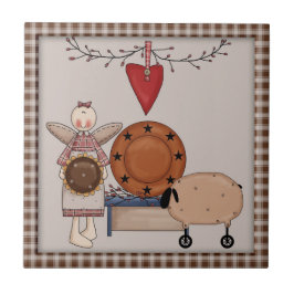 Azulejo De Cerámica País primitivo Oveja de girasol y ángel