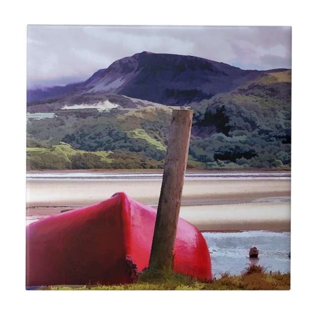 AZULEJO DE CERÁMICA PAISAJE DE BOTE Y MONTAÑA (Frente)