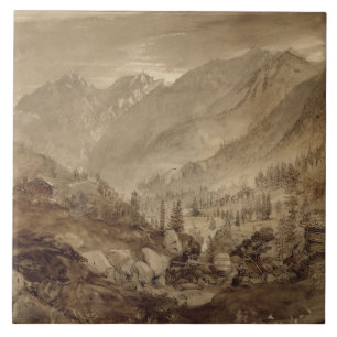 Azulejo De Cerámica Paisaje de la montaña, Macugnaga, 1845 (pluma y