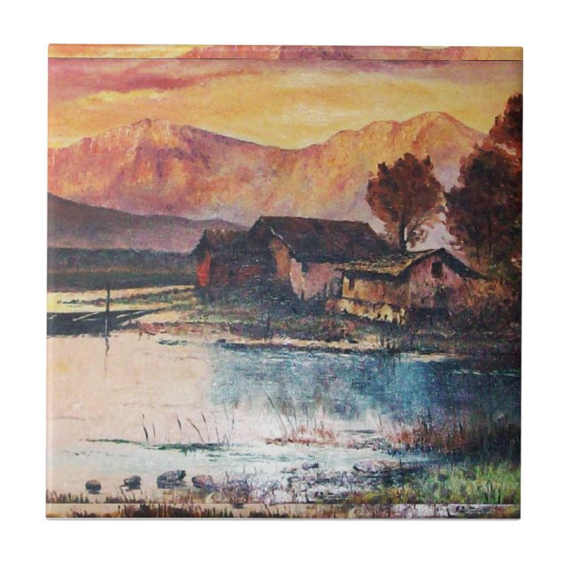 AZULEJO DE CERÁMICA PAISAJE DE MONTAÑA ROSA LAGO ALPINE SUNSET (Frente)