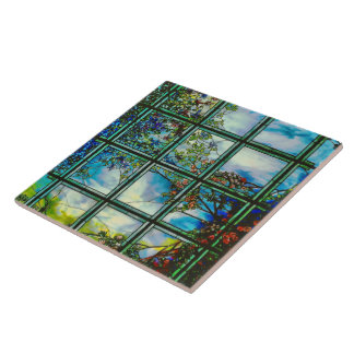 Azulejo De Cerámica Paisaje escénico del vitral del vintage