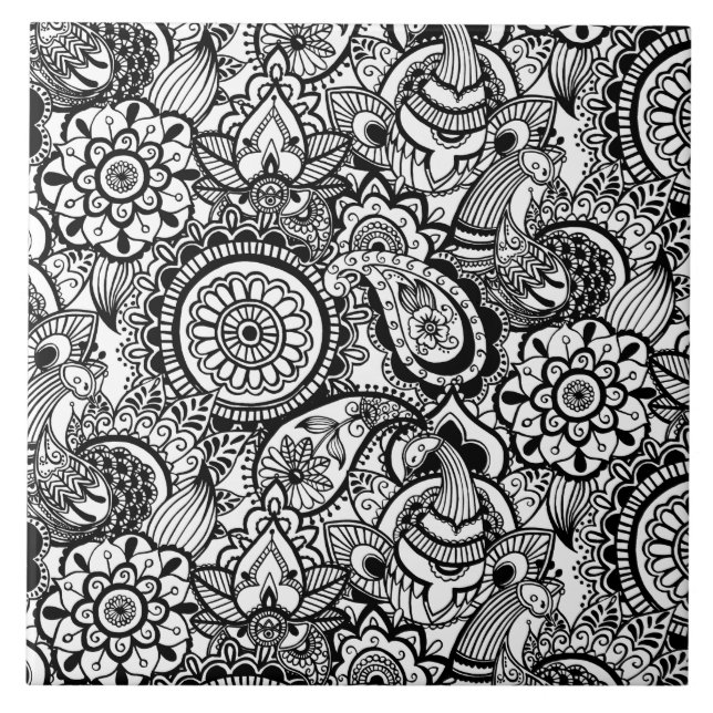 Azulejo De Cerámica Paisaje floral blanco y negro (Frente)