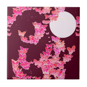 Azulejo De Cerámica Paisaje lunar con mariposas - rosa, borgoñona