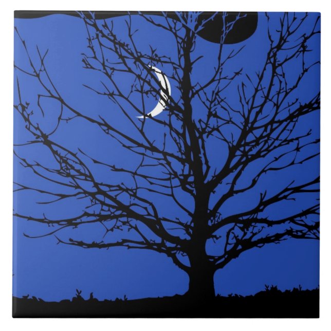 Azulejo De Cerámica Paisaje lunar en azul cobalto y negro (Frente)