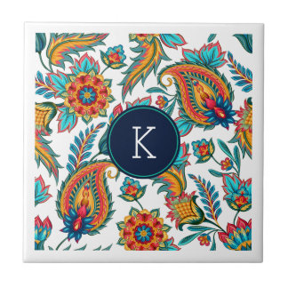 Azulejo De Cerámica Paisley floral vintage de color monograma
