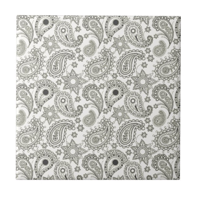 Azulejo De Cerámica Paisley negra en blanco (Frente)