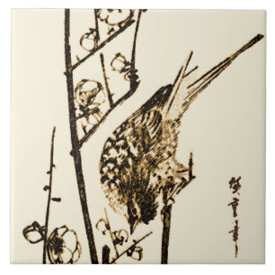 Azulejo De Cerámica Pájaro japonés en una rama - Marrón y beige