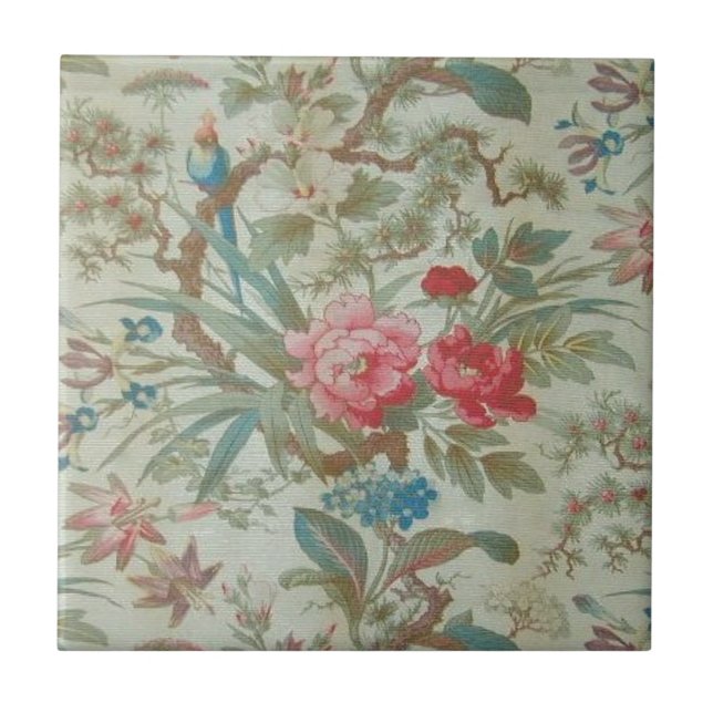 Azulejo De Cerámica Pájaro y flores antiguos franceses de Toile (Frente)