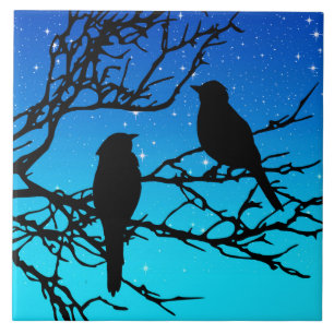 Azulejo De Cerámica Pájaros en una Rama, Negros Contra Azul Atardecer