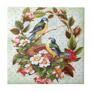 Azulejo De Cerámica Pájaros y flores azules del vintage