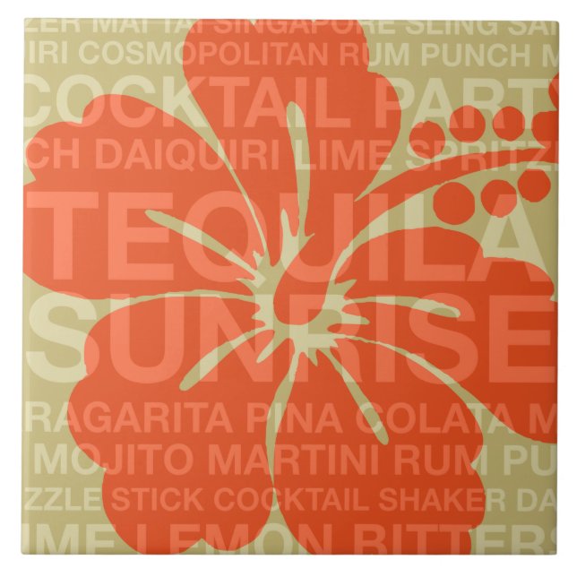 Azulejo De Cerámica Palabras de verano Cócteles y mosaicos de Hibiscus (Frente)