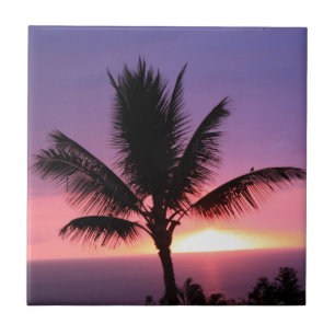Azulejo De Cerámica Palm Tree hawaiana y colorido atardecer