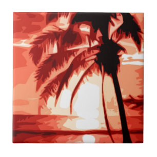 Azulejo De Cerámica Palm Tree & Red Sunset