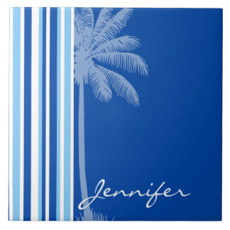 Azulejo De Cerámica Palm tropical; franjas azul y blanca